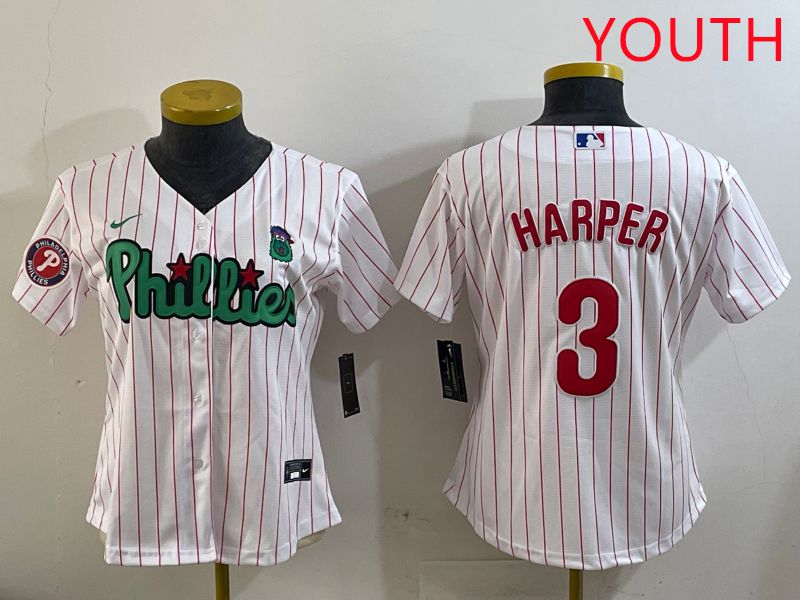 Youth Philadelphia Phillies #3 Harper White Stripe Second generation joint name 2025 Nike MLB Jersey style 5->youth mlb jersey->Youth Jersey